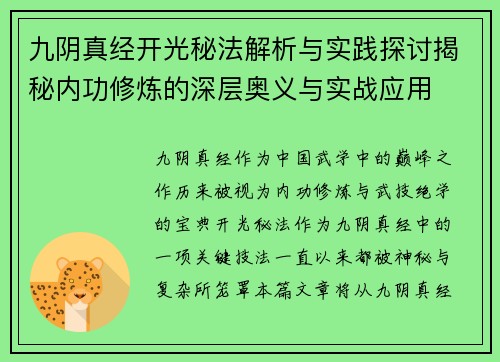 九阴真经开光秘法解析与实践探讨揭秘内功修炼的深层奥义与实战应用