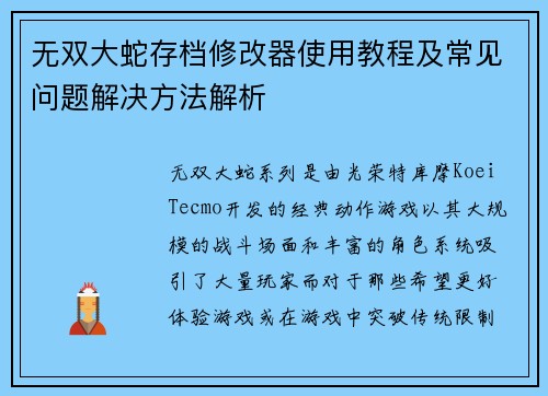 无双大蛇存档修改器使用教程及常见问题解决方法解析